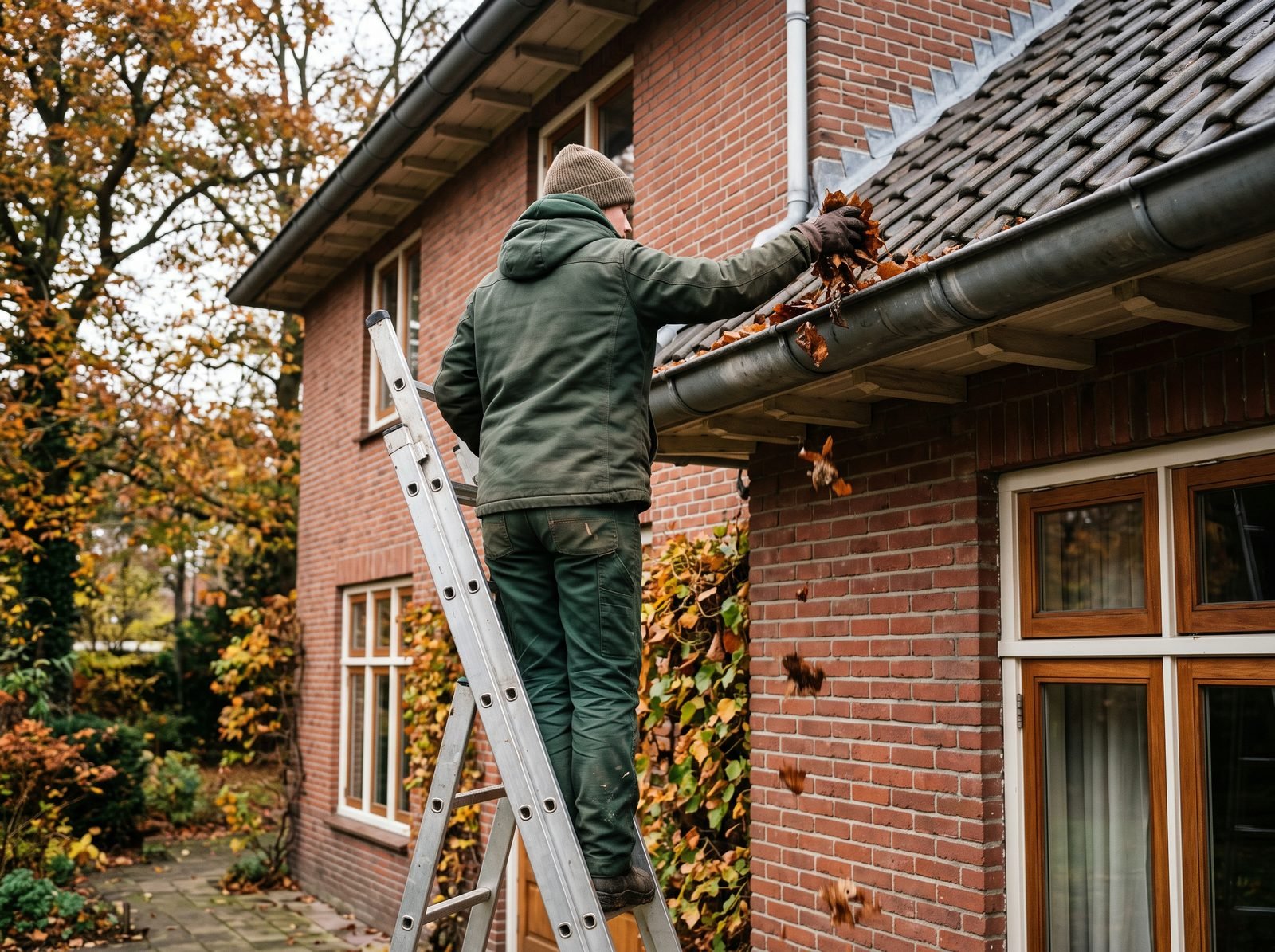 Dakgoot wordt vanaf een ladder bladvrij gemaakt
