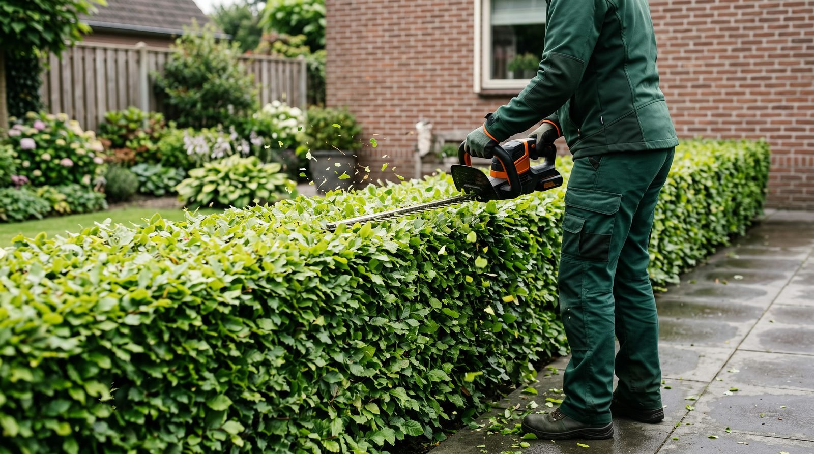 Haag wordt strak in vorm gesnoeid met een heggenschaar