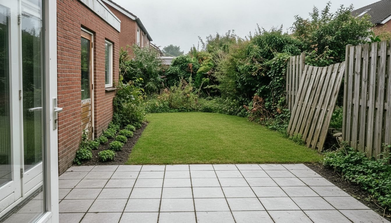 Dezelfde tuin na onderhoud: gemaaid, schoongemaakt en gesnoeid
