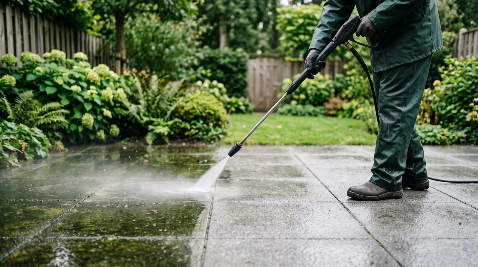 Terrastegels worden schoongespoten, met zichtbaar verschil tussen vuil en schoon