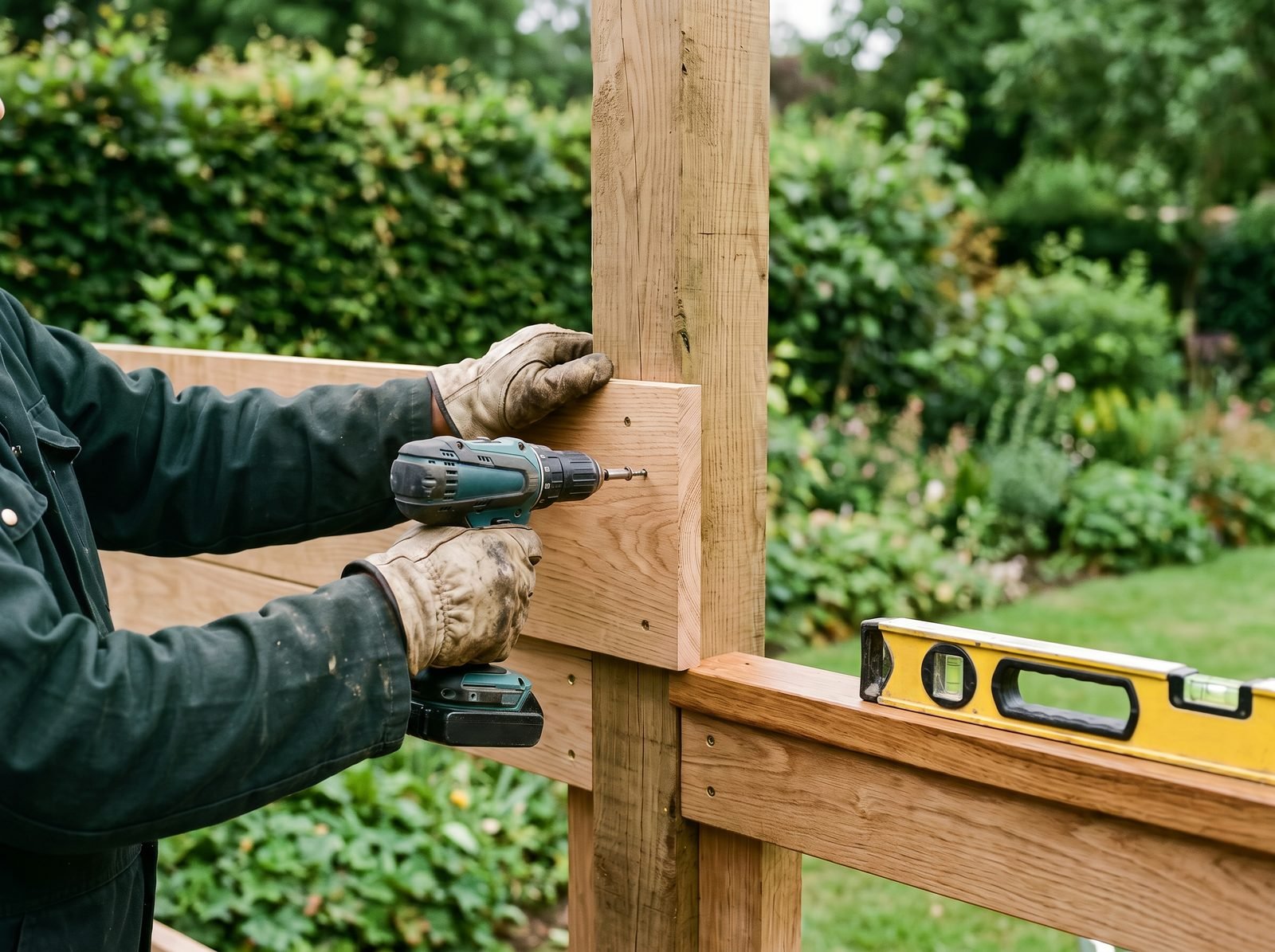 Nieuwe plank van een houten schutting wordt vastgezet