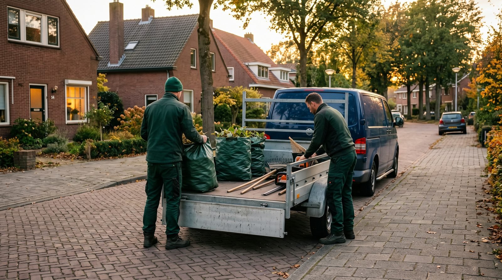 Gereedschap en groenafval worden aan het eind van de dag opgeruimd in de aanhanger
